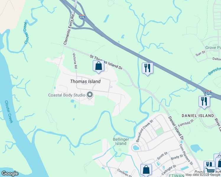 map of restaurants, bars, coffee shops, grocery stores, and more near 157 Sandshell Drive in Charleston
