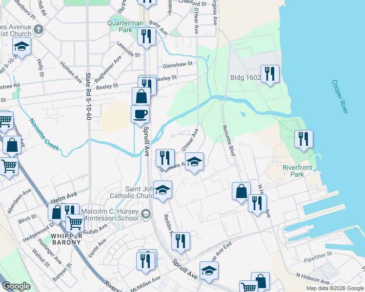 map of restaurants, bars, coffee shops, grocery stores, and more near 4105 O'Hear Avenue in North Charleston