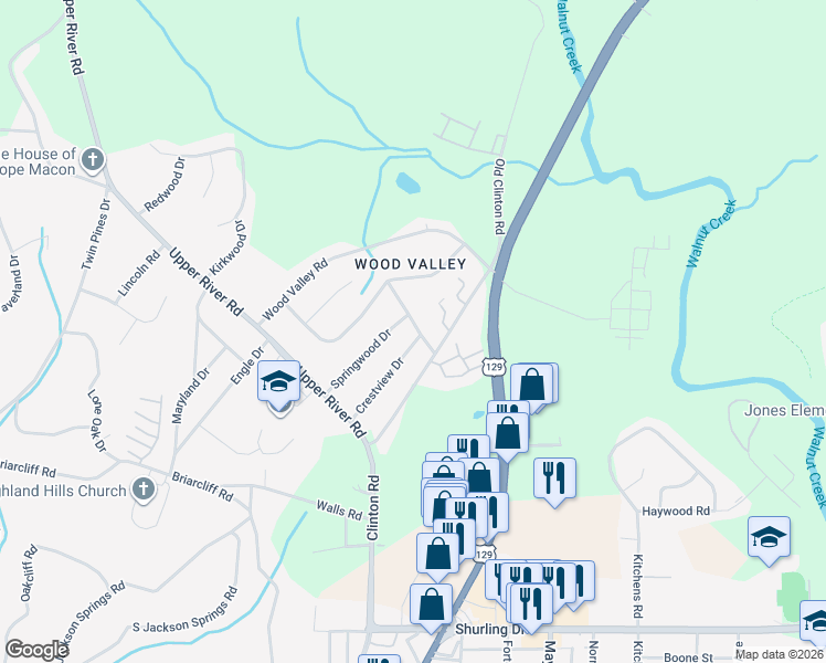 map of restaurants, bars, coffee shops, grocery stores, and more near 1650 Huntley Ridge Drive in Macon