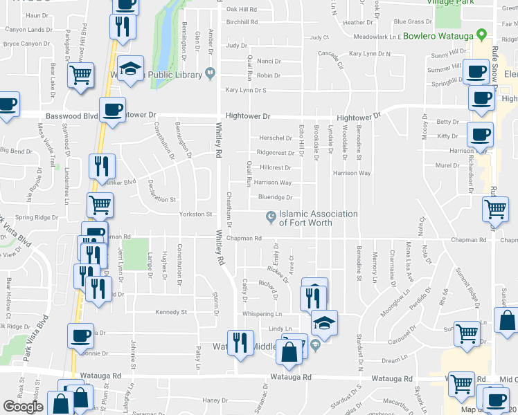 map of restaurants, bars, coffee shops, grocery stores, and more near 6009 Highcrest Drive in Watauga
