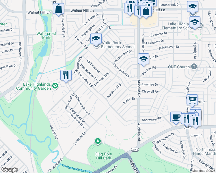 map of restaurants, bars, coffee shops, grocery stores, and more near 9439 Parkford Drive in Dallas