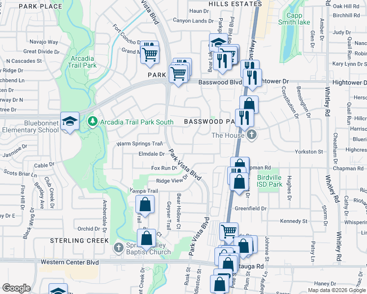 map of restaurants, bars, coffee shops, grocery stores, and more near 5512 Rocky Mountain Road in Fort Worth