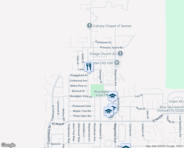 map of restaurants, bars, coffee shops, grocery stores, and more near 10273 Princess Sarit Way in Santee