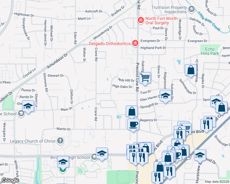 map of restaurants, bars, coffee shops, grocery stores, and more near 6708 Rolling Hills Drive in North Richland Hills