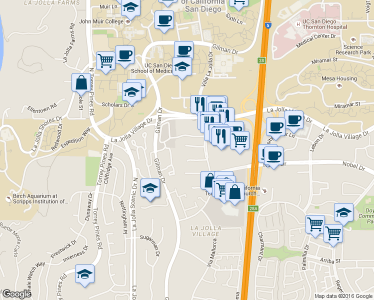 map of restaurants, bars, coffee shops, grocery stores, and more near 8850 Villa La Jolla Drive in San Diego
