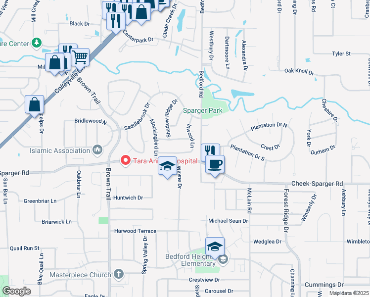 map of restaurants, bars, coffee shops, grocery stores, and more near 1000 Inwood Ln in Colleyville