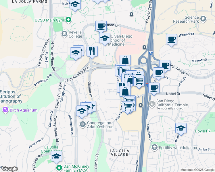 map of restaurants, bars, coffee shops, grocery stores, and more near 8840 Villa La Jolla Drive in San Diego