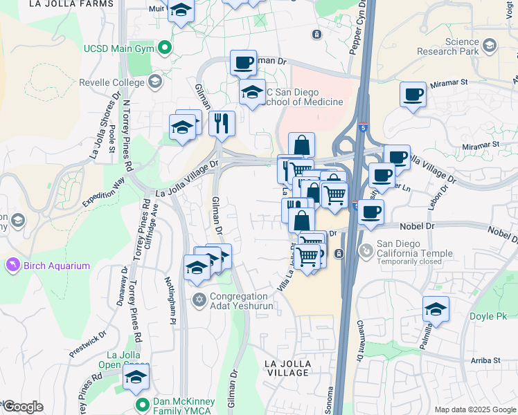 map of restaurants, bars, coffee shops, grocery stores, and more near 8840 Villa La Jolla Drive in San Diego