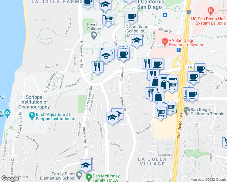 map of restaurants, bars, coffee shops, grocery stores, and more near Caminito Verano & Caminito Claro in San Diego