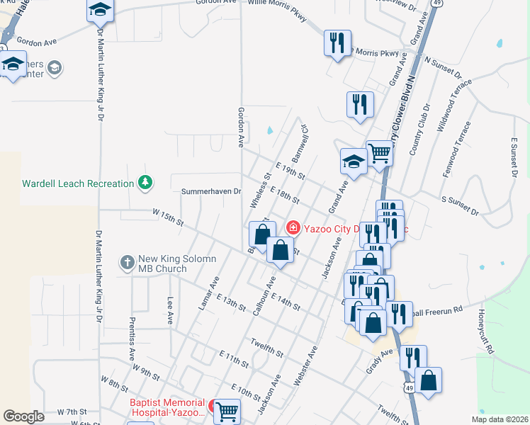 map of restaurants, bars, coffee shops, grocery stores, and more near 1714 Barnwell Street in Yazoo City