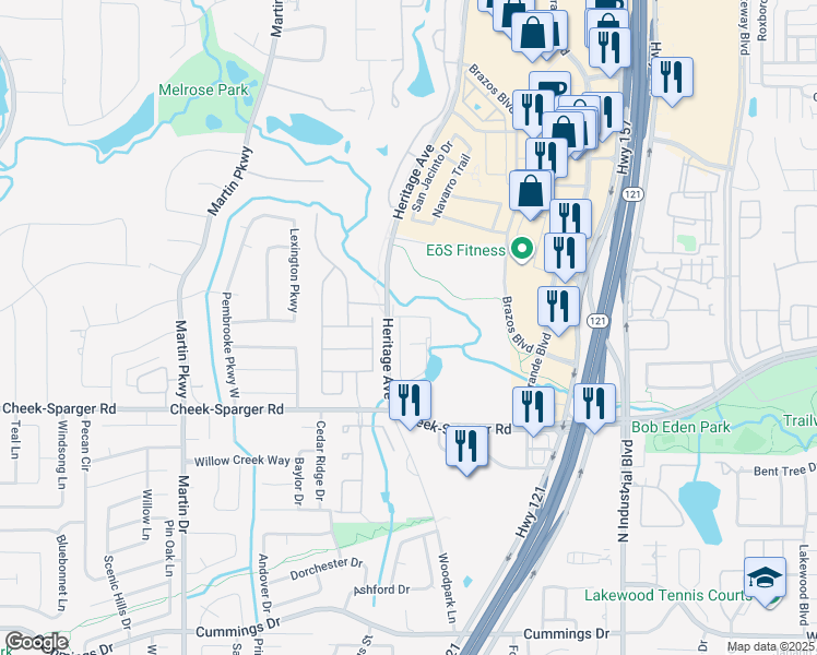 map of restaurants, bars, coffee shops, grocery stores, and more near 2100 Heritage Avenue in Euless