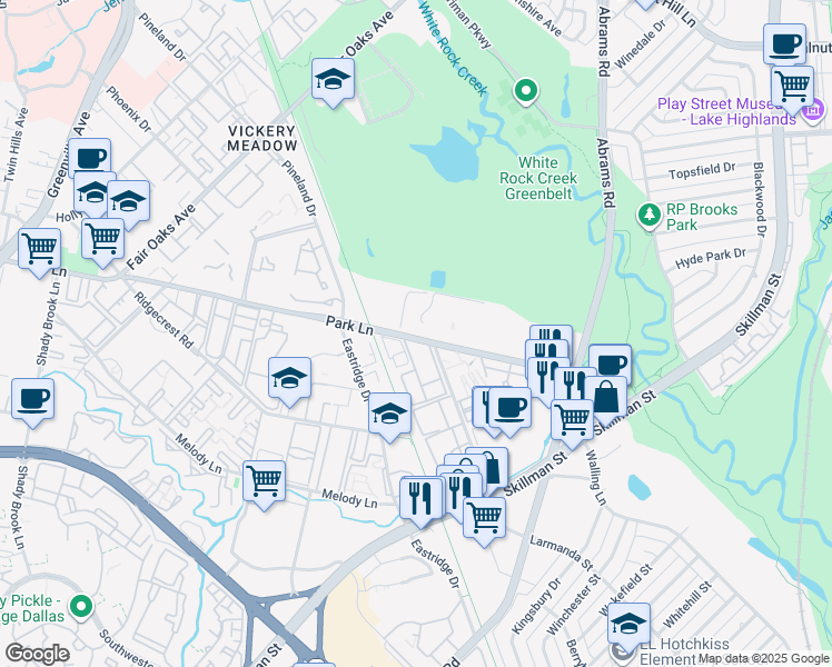 map of restaurants, bars, coffee shops, grocery stores, and more near 8787 Park Lane in Dallas