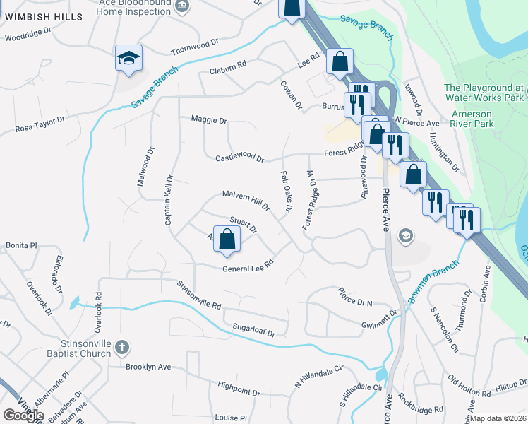 map of restaurants, bars, coffee shops, grocery stores, and more near 2990 Malvern Hill Drive in Macon