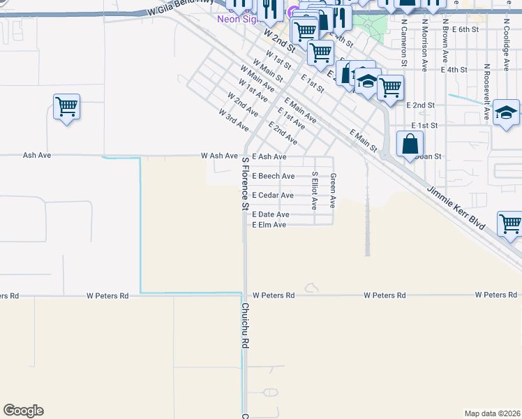 map of restaurants, bars, coffee shops, grocery stores, and more near 120 East Date Avenue in Casa Grande