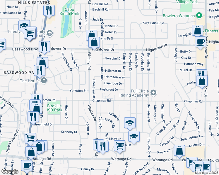 map of restaurants, bars, coffee shops, grocery stores, and more near 6009 Highcrest Drive in Watauga