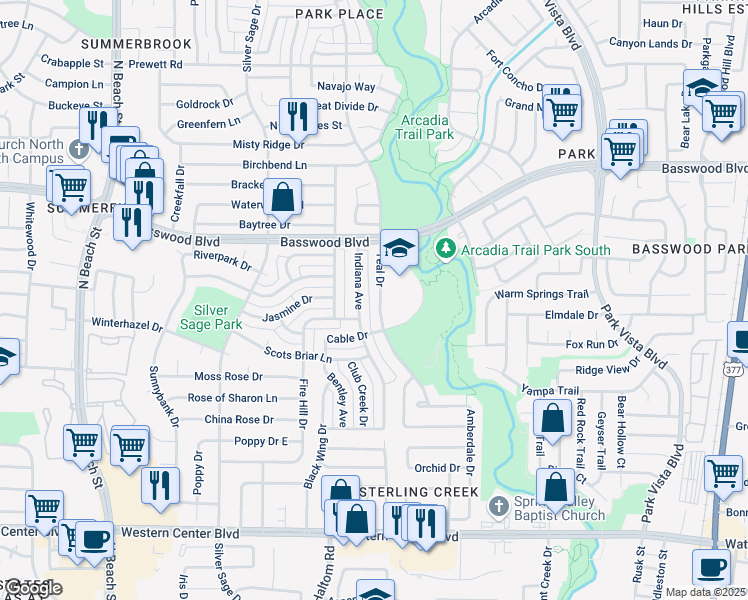 map of restaurants, bars, coffee shops, grocery stores, and more near 7000 Teal Drive in Fort Worth