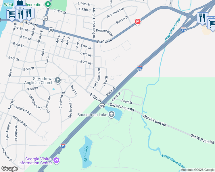 map of restaurants, bars, coffee shops, grocery stores, and more near 1704 Church Street in West Point
