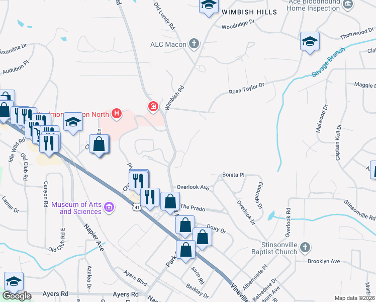 map of restaurants, bars, coffee shops, grocery stores, and more near 461 Forest Hill Road in Macon