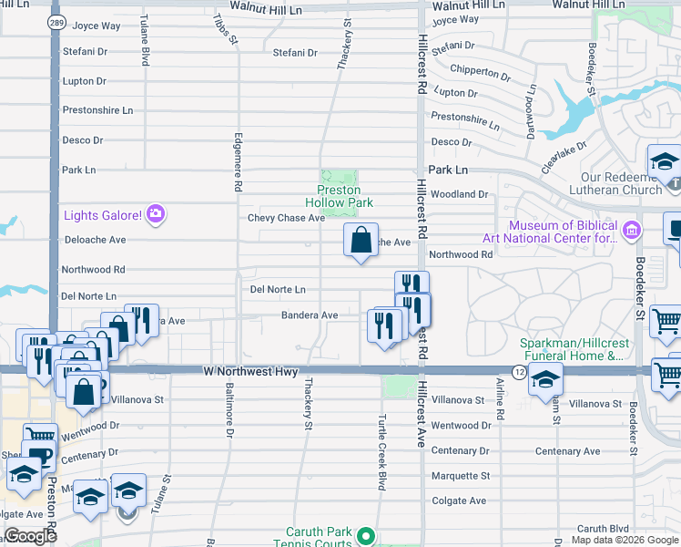 map of restaurants, bars, coffee shops, grocery stores, and more near 6620 Northwood Road in Dallas