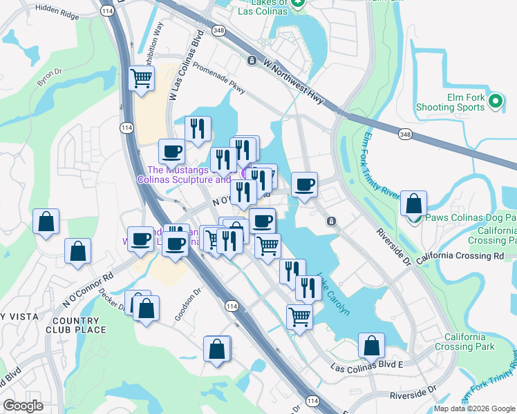 map of restaurants, bars, coffee shops, grocery stores, and more near West Drive in Irving