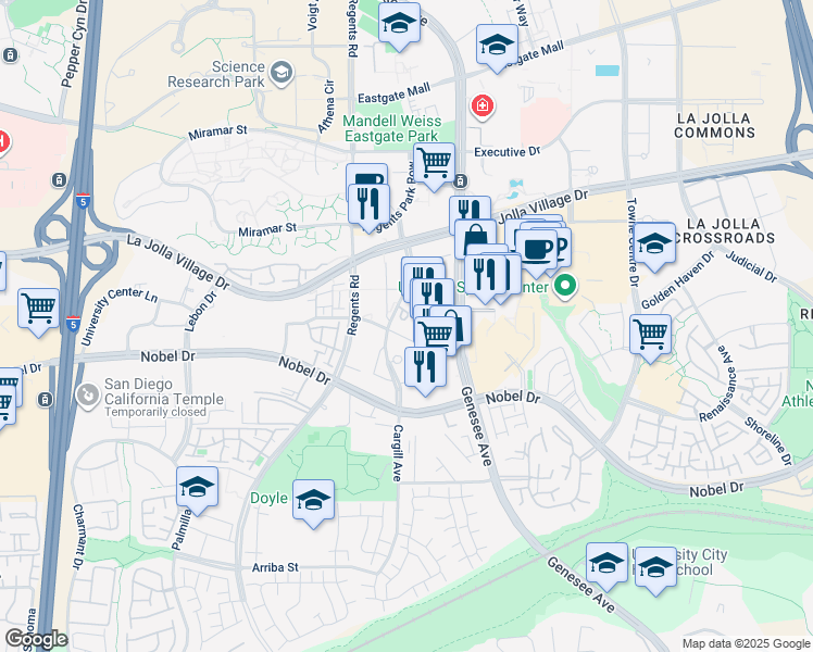 map of restaurants, bars, coffee shops, grocery stores, and more near 8775 Costa Verde Boulevard in San Diego