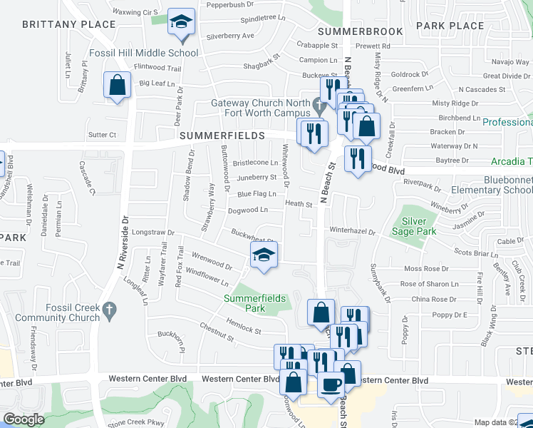 map of restaurants, bars, coffee shops, grocery stores, and more near 4112 Dogwood Lane in Fort Worth