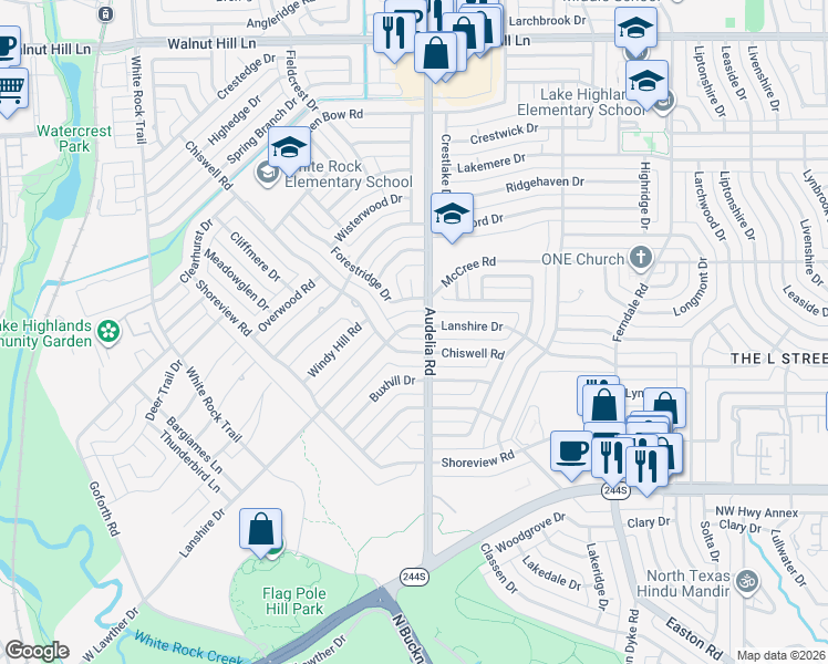 map of restaurants, bars, coffee shops, grocery stores, and more near 9728 Lanshire Drive in Dallas