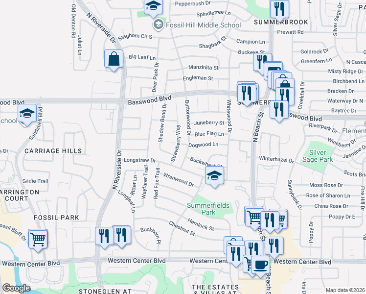 map of restaurants, bars, coffee shops, grocery stores, and more near 3924 Dogwood Lane in Fort Worth