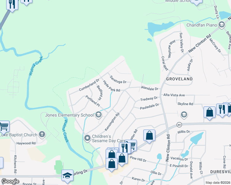 map of restaurants, bars, coffee shops, grocery stores, and more near 2536 Hyde Park Road in Macon