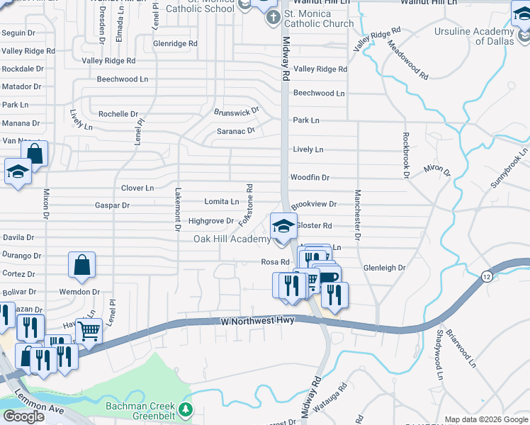 map of restaurants, bars, coffee shops, grocery stores, and more near 9515 Edith Lane in Dallas