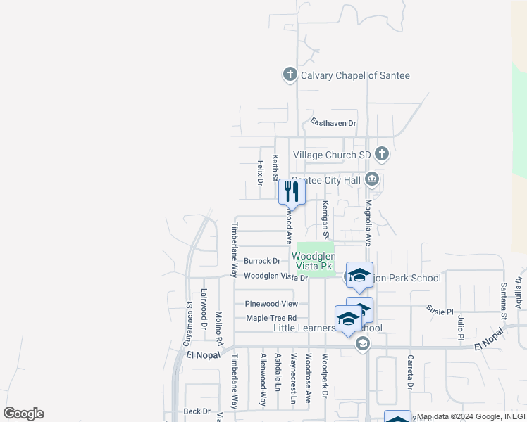 map of restaurants, bars, coffee shops, grocery stores, and more near 10106 Shaggybark Drive in Santee