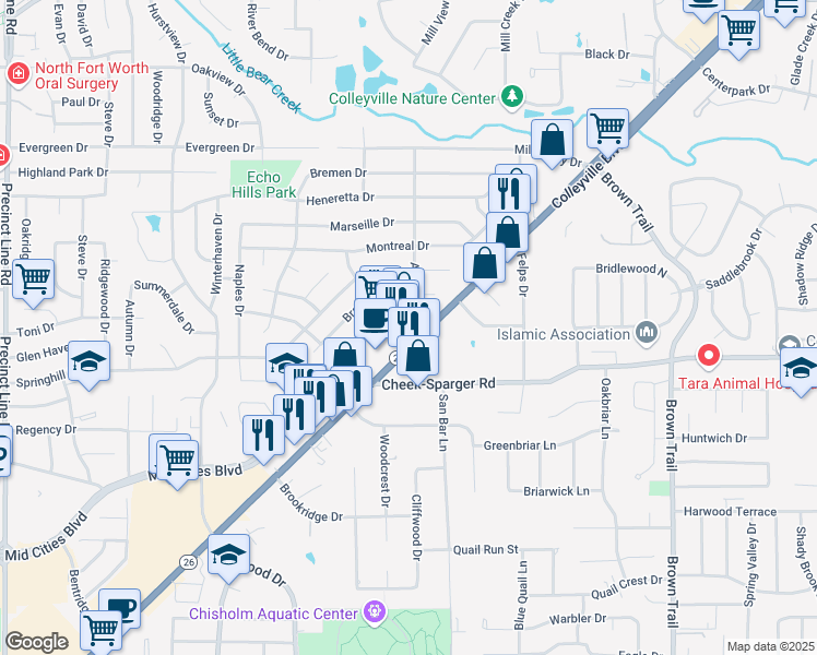 map of restaurants, bars, coffee shops, grocery stores, and more near 206 Grapevine Highway in Hurst