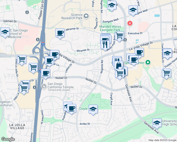 map of restaurants, bars, coffee shops, grocery stores, and more near 3905 Mahaila Avenue in San Diego