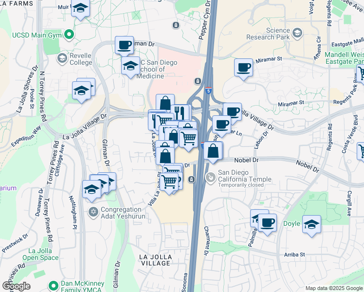 map of restaurants, bars, coffee shops, grocery stores, and more near 8843 Villa La Jolla Drive in San Diego