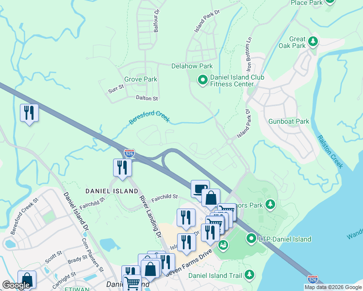 map of restaurants, bars, coffee shops, grocery stores, and more near 580 Robert Daniel Drive in Charleston