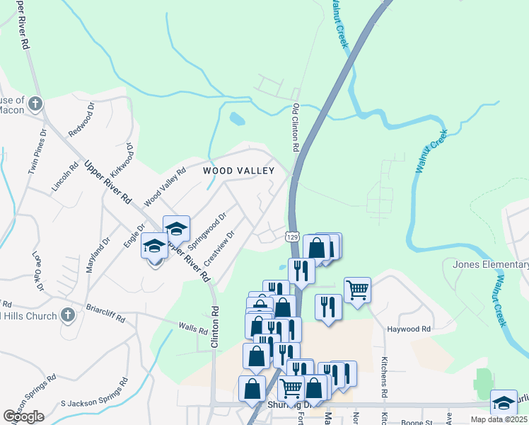 map of restaurants, bars, coffee shops, grocery stores, and more near 1958 Clinton Road in Macon