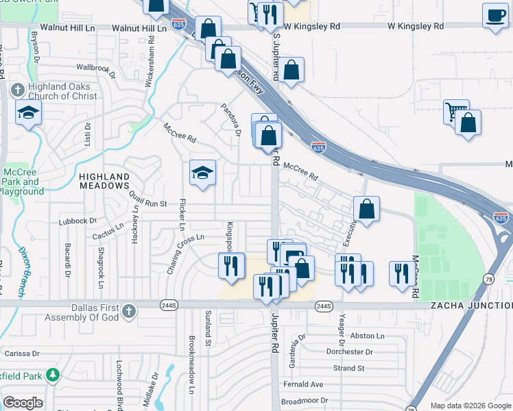 map of restaurants, bars, coffee shops, grocery stores, and more near 11359 Quail Run Street in Dallas