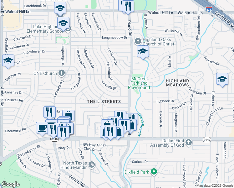 map of restaurants, bars, coffee shops, grocery stores, and more near 8911 Livenshire Drive in Dallas