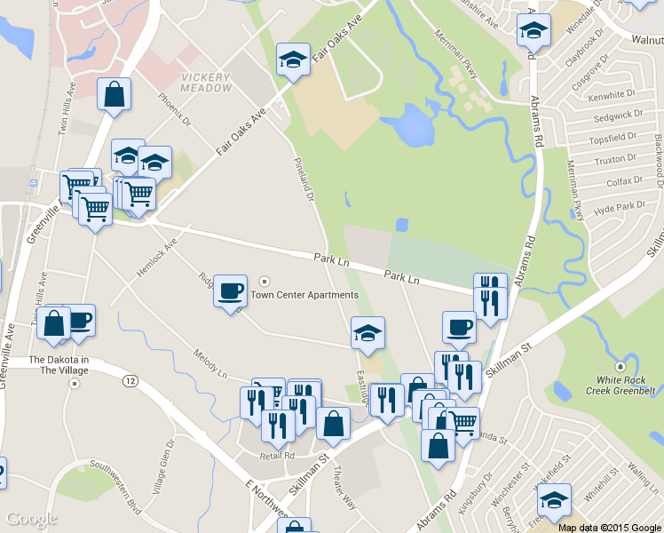 map of restaurants, bars, coffee shops, grocery stores, and more near 8700 Park Lane in Dallas