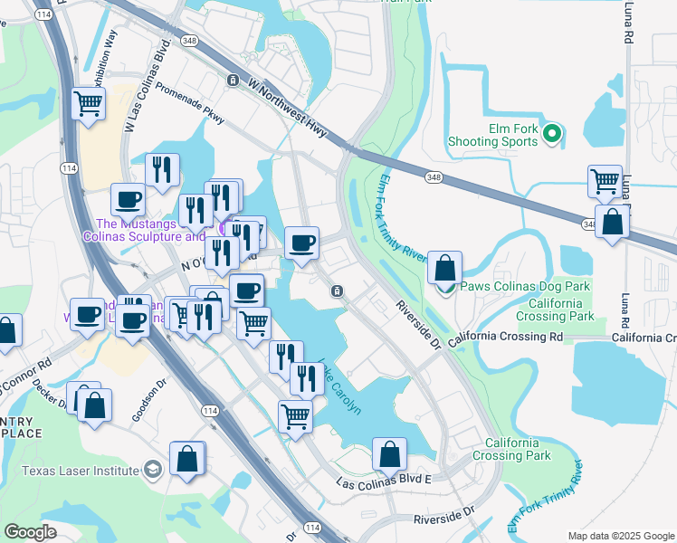 map of restaurants, bars, coffee shops, grocery stores, and more near 652 Dalton Lane in Irving