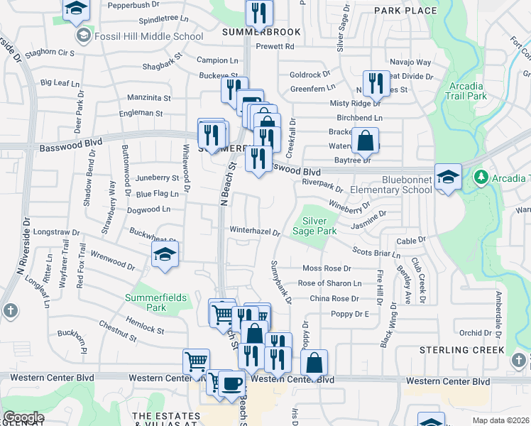 map of restaurants, bars, coffee shops, grocery stores, and more near 4408 Park Creek Court in Fort Worth
