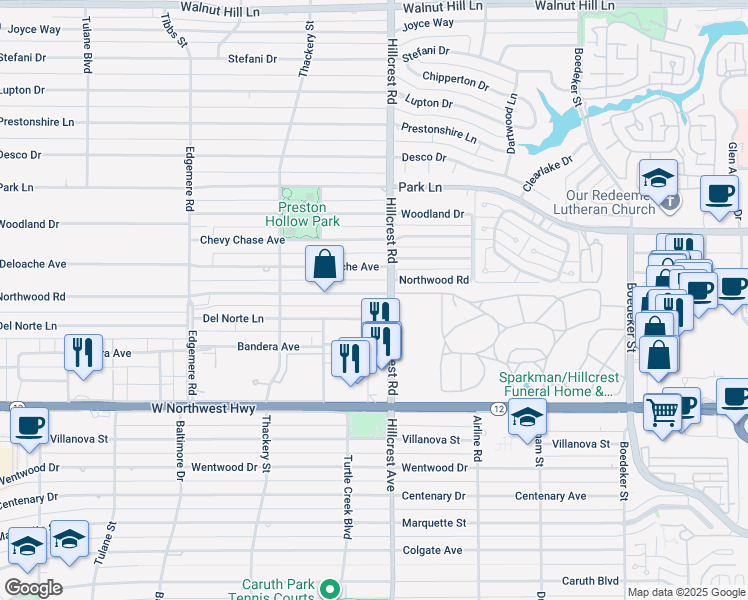 map of restaurants, bars, coffee shops, grocery stores, and more near 6822 Northwood Road in Dallas