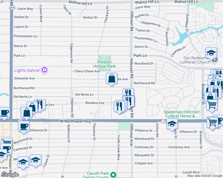 map of restaurants, bars, coffee shops, grocery stores, and more near 6704 Northwood Road in Dallas