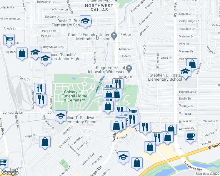 map of restaurants, bars, coffee shops, grocery stores, and more near 9777 Webb Chapel Road in Dallas