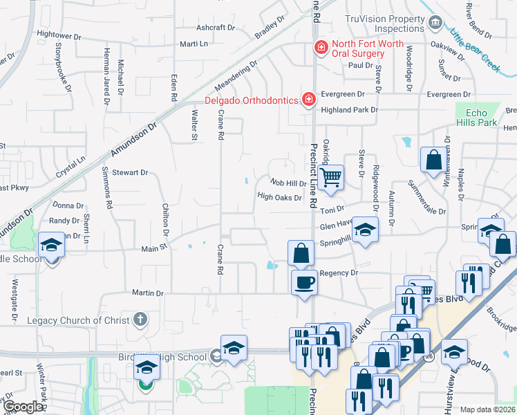 map of restaurants, bars, coffee shops, grocery stores, and more near 6708 Rolling Hills Dr in North Richland Hills