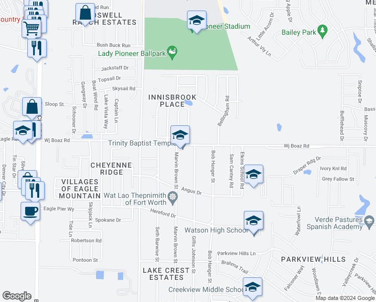 map of restaurants, bars, coffee shops, grocery stores, and more near 6045 West J Boaz Road in Fort Worth