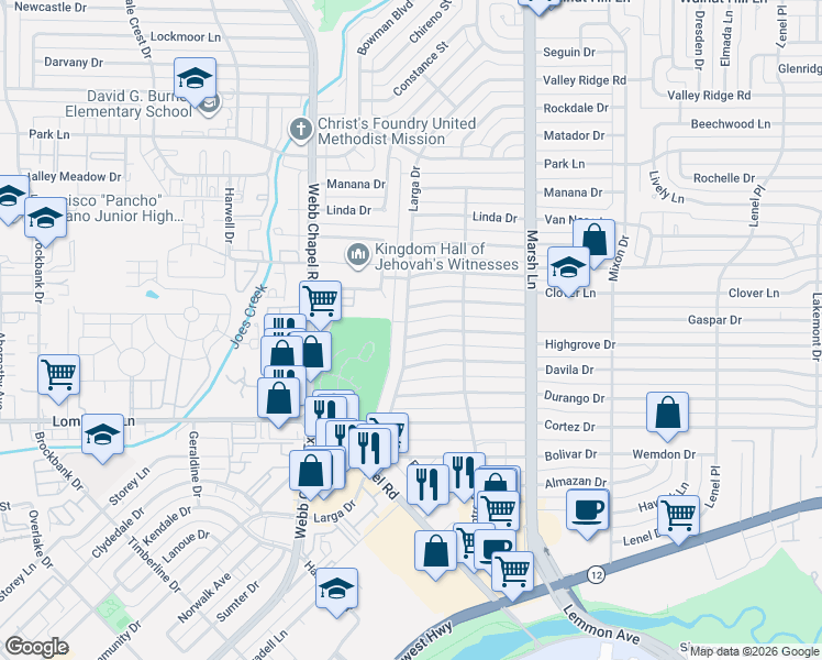 map of restaurants, bars, coffee shops, grocery stores, and more near 3503 Fontana Drive in Dallas