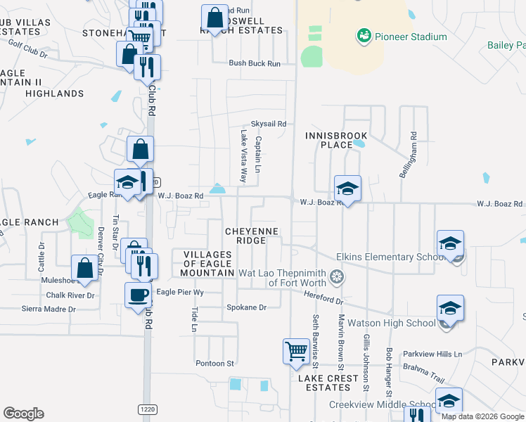 map of restaurants, bars, coffee shops, grocery stores, and more near 7320 Little Mohican Drive in Fort Worth