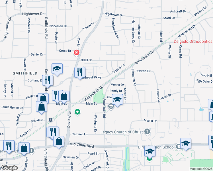 map of restaurants, bars, coffee shops, grocery stores, and more near 6535 Amundson Road in North Richland Hills