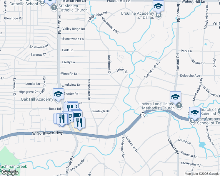 map of restaurants, bars, coffee shops, grocery stores, and more near 4526 Brookview Drive in Dallas